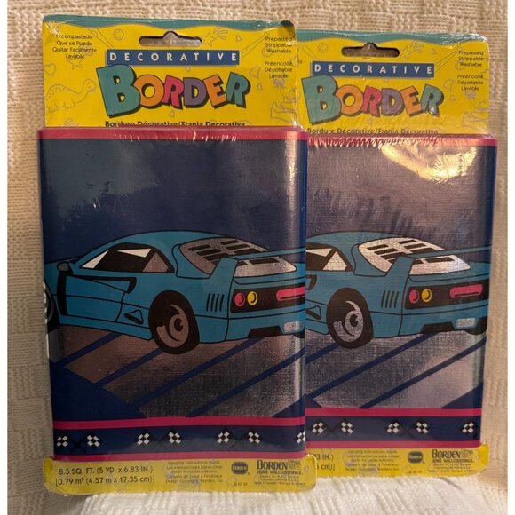 2 Rolls VTG Borden Pre pasted Sports Car Border w Metallic Silver and Blue - Picture 1 of 7